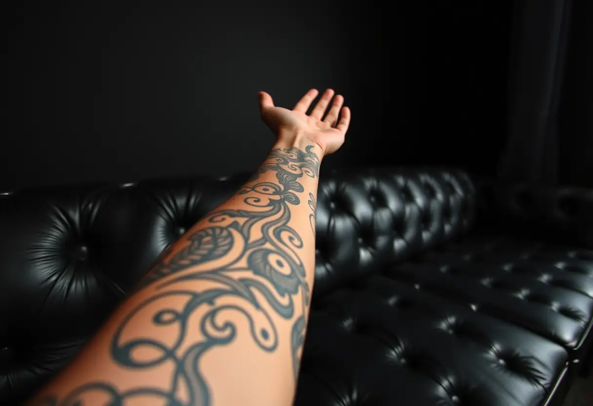 Un bras tatoué reposant sur un canapé en cuir, dans un studio de tatouage