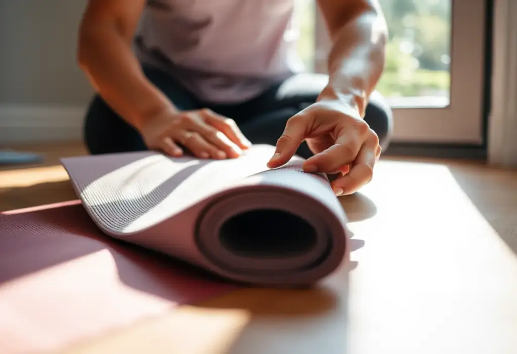 Un yoga matelas plié avec soin après une séance, évoquant bien-être et sérénité