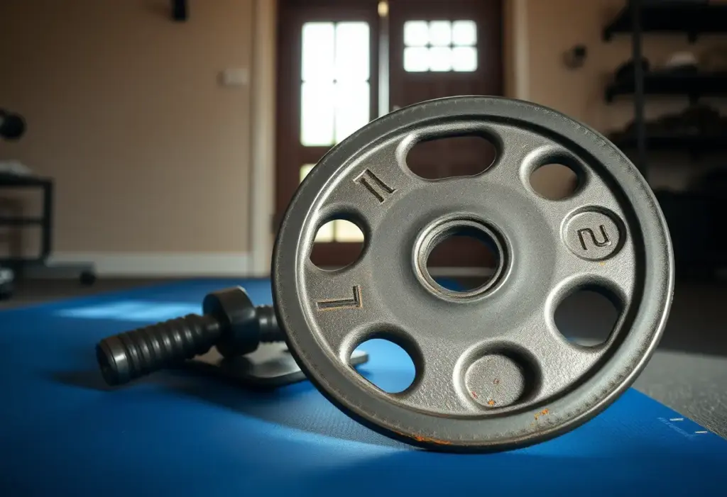 Un poids métallique sur un tapis bleu dans un home gym