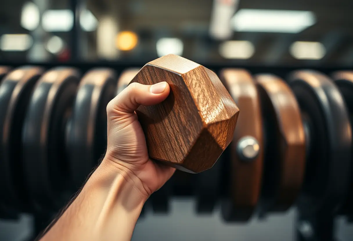 Main de quelqu'un tenant une barre d'haltère en bois, avec des poids réfléchissant la lumière du gymnase