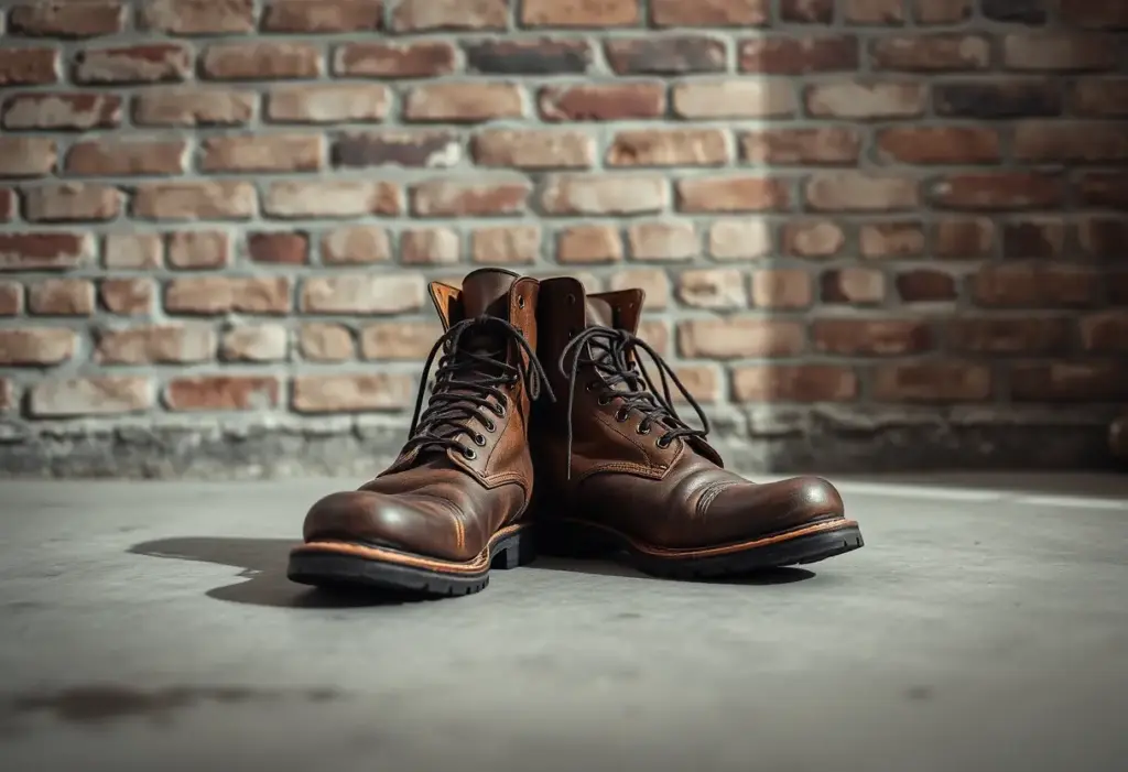 Des bottes de travail en cuir posées sur un sol en béton