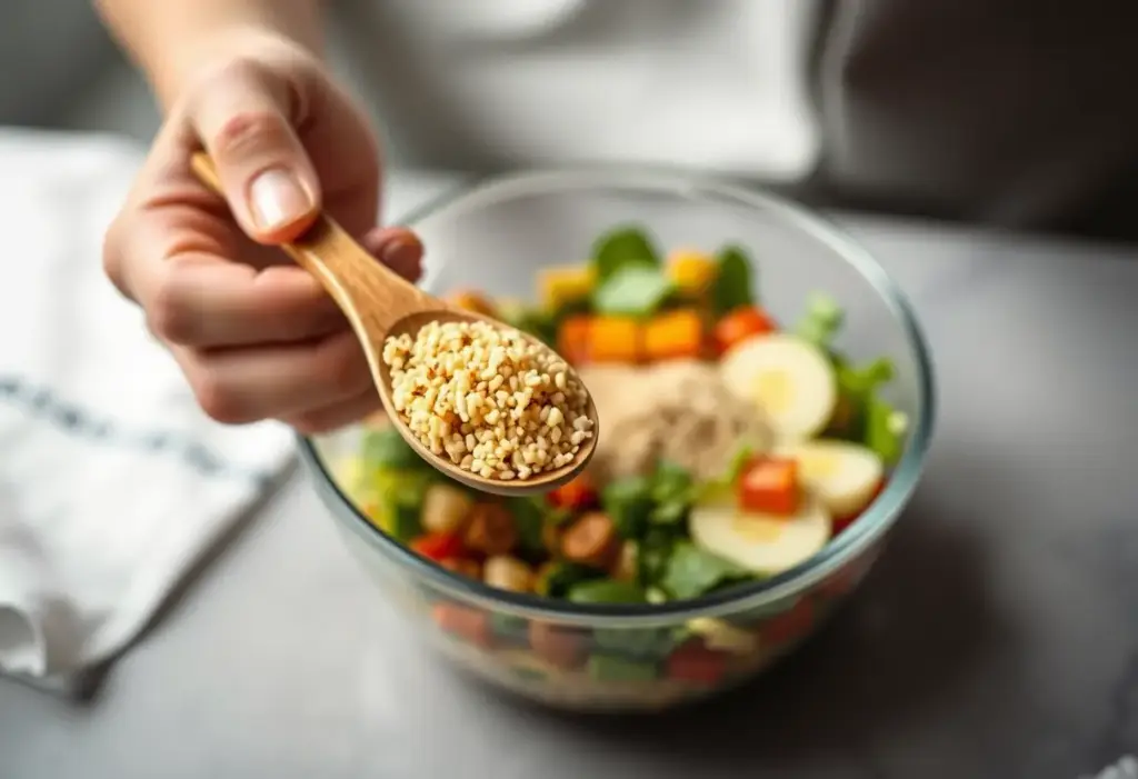 Une main tenant une cuillère en bois remplie de quinoa, près d'un bol de légumes variés