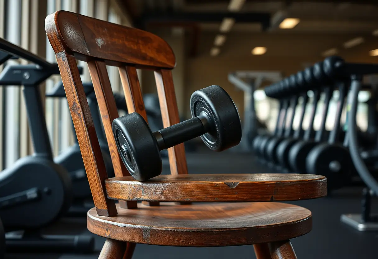 Un fauteuil usé par les années dans un gymnase, avec des haltères posés dessus