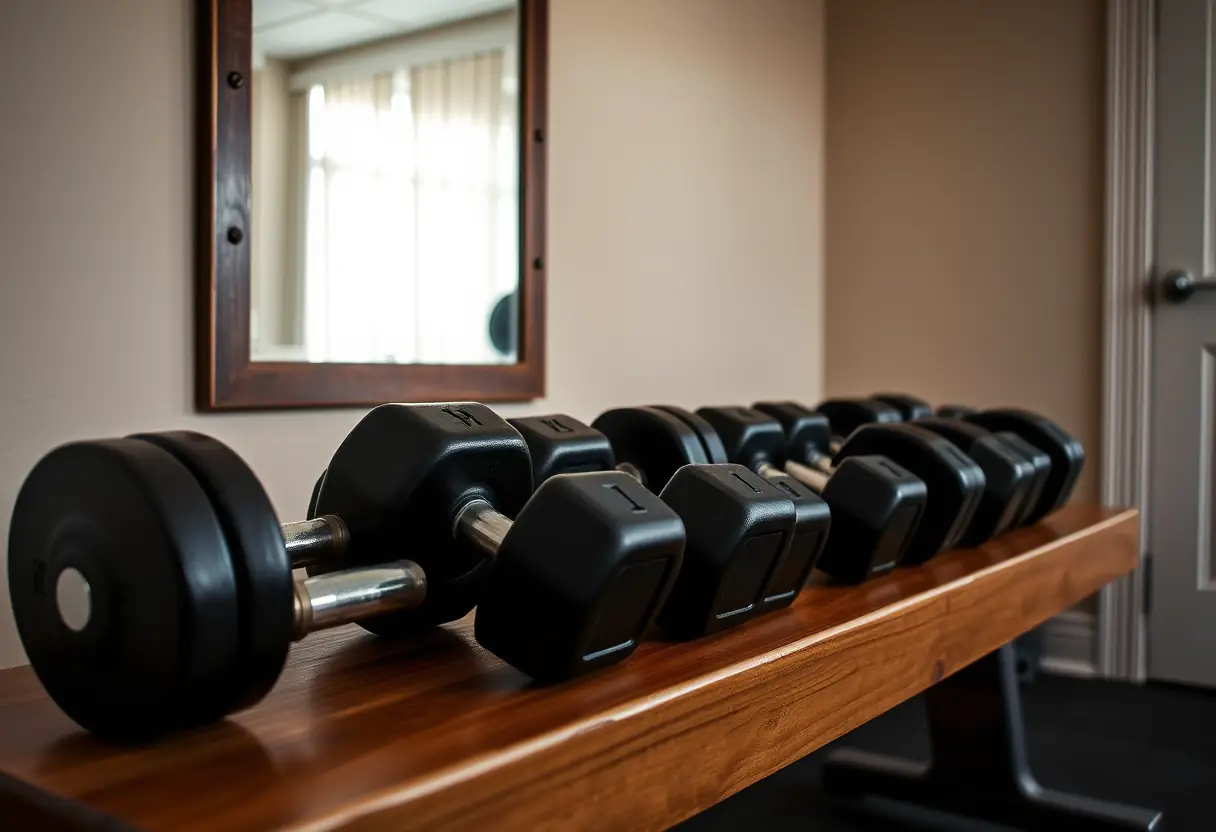 Des haltères de différentes tailles dans un home gym pour la musculation