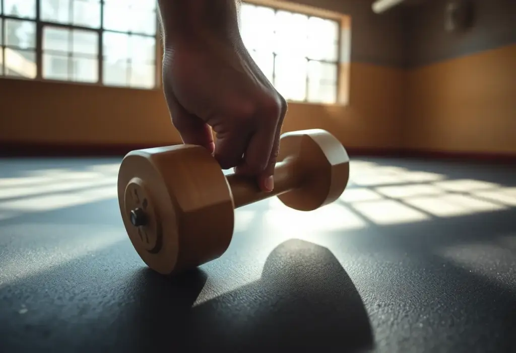 Main de gymnaste tenant un poids en bois sur un sol de gymnase