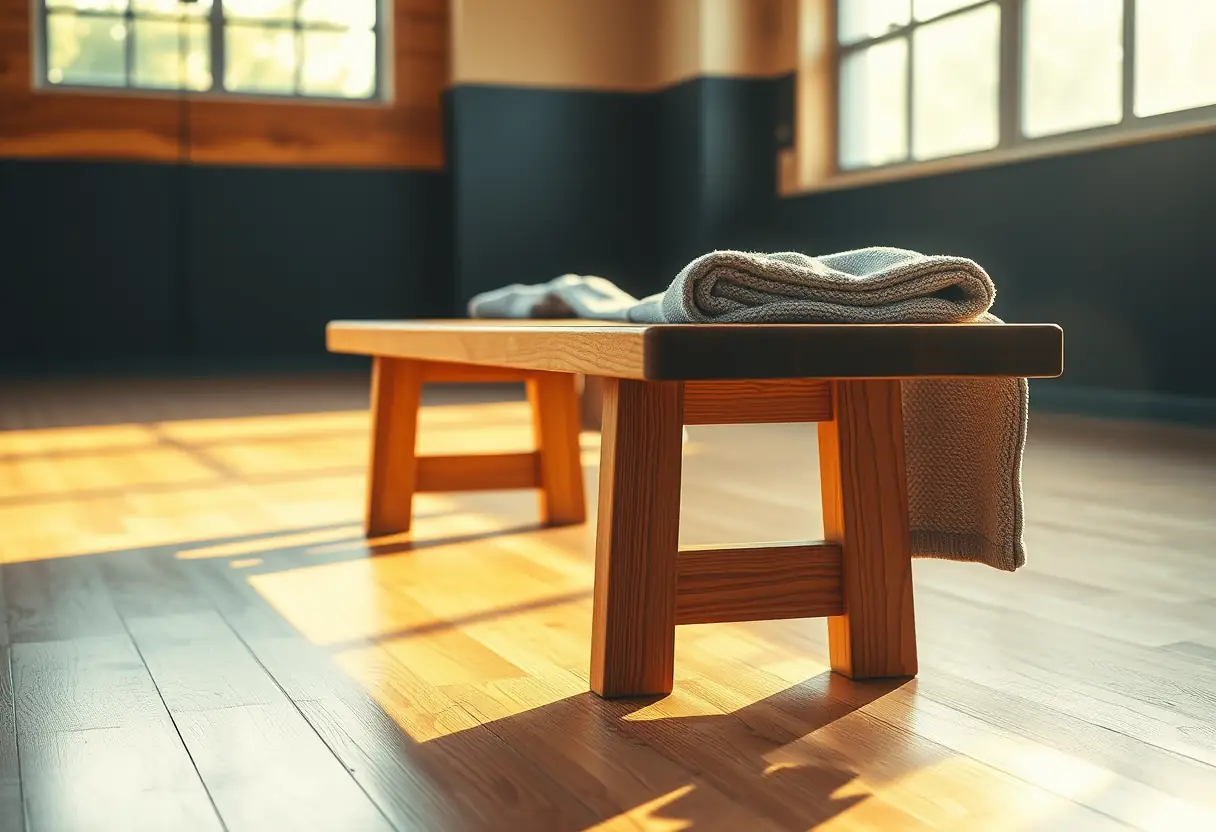 Banc en bois dans un gymnase éclairé par la lumière du soir