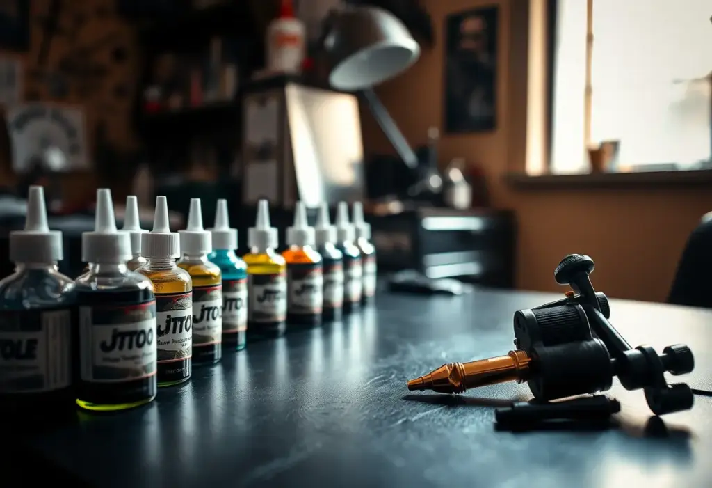Bottes d'encre alignées dans un studio de tatouage