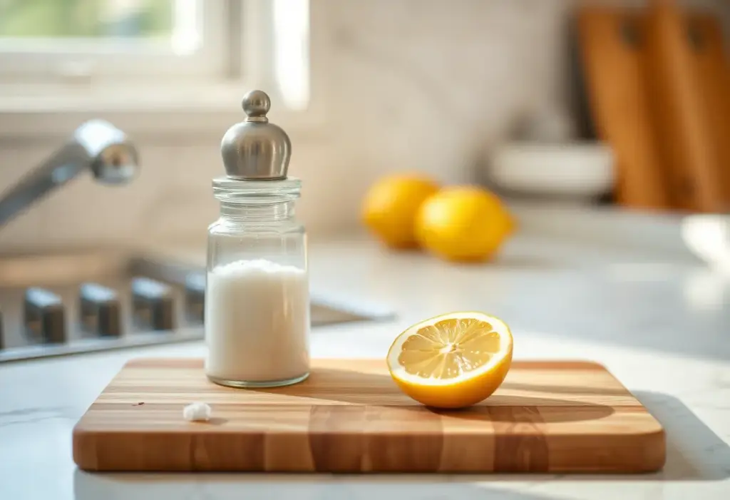 Un comptoir de cuisine avec un moulin à sel et un citron coupé pour soulager la rétention d'eau