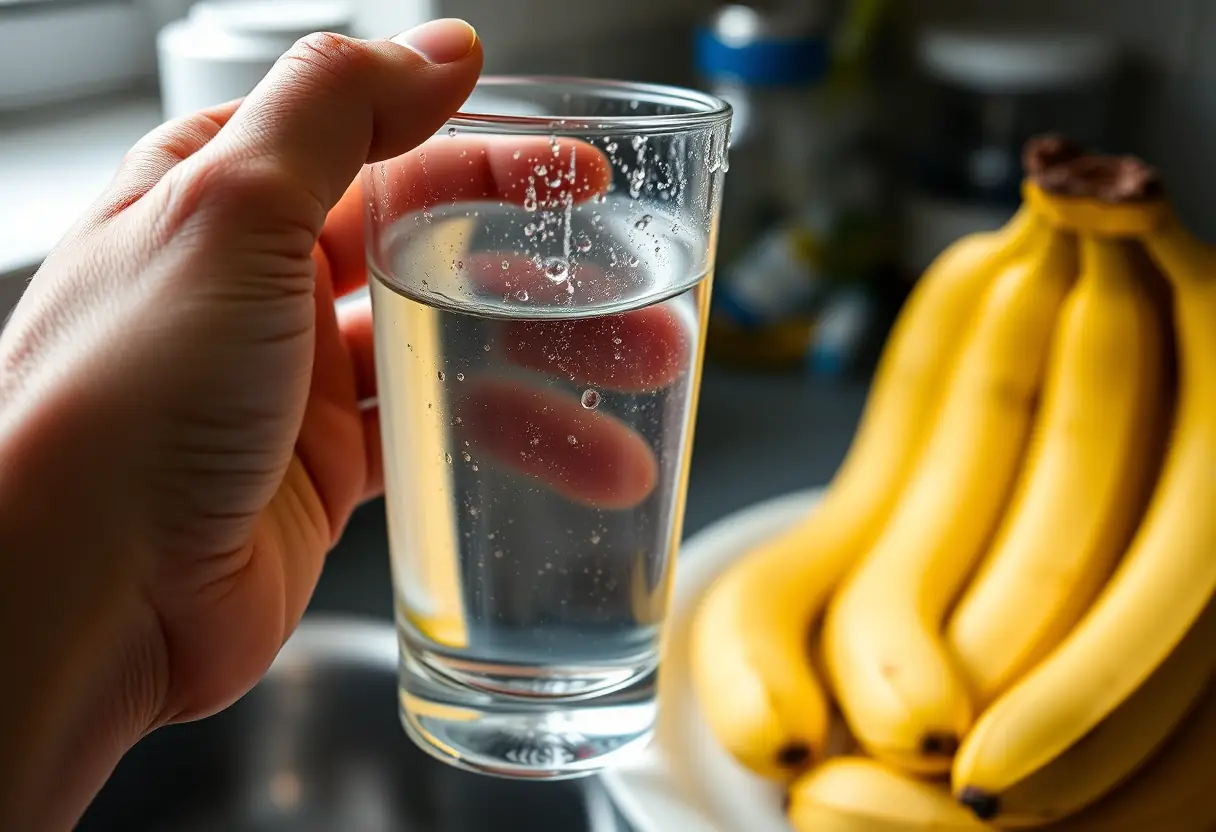 Une main tenant un verre d'eau avec des bananes riches en potassium près de lui.