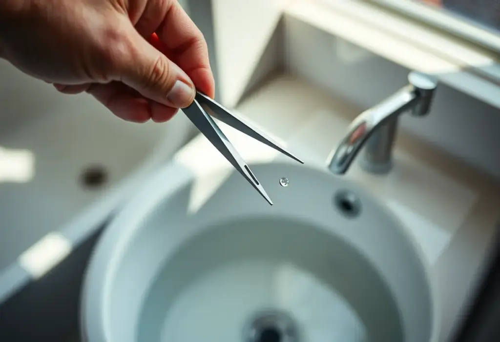 Une main tenant des pinces au-dessus d'un lavabo pour l'épilation de tatouages