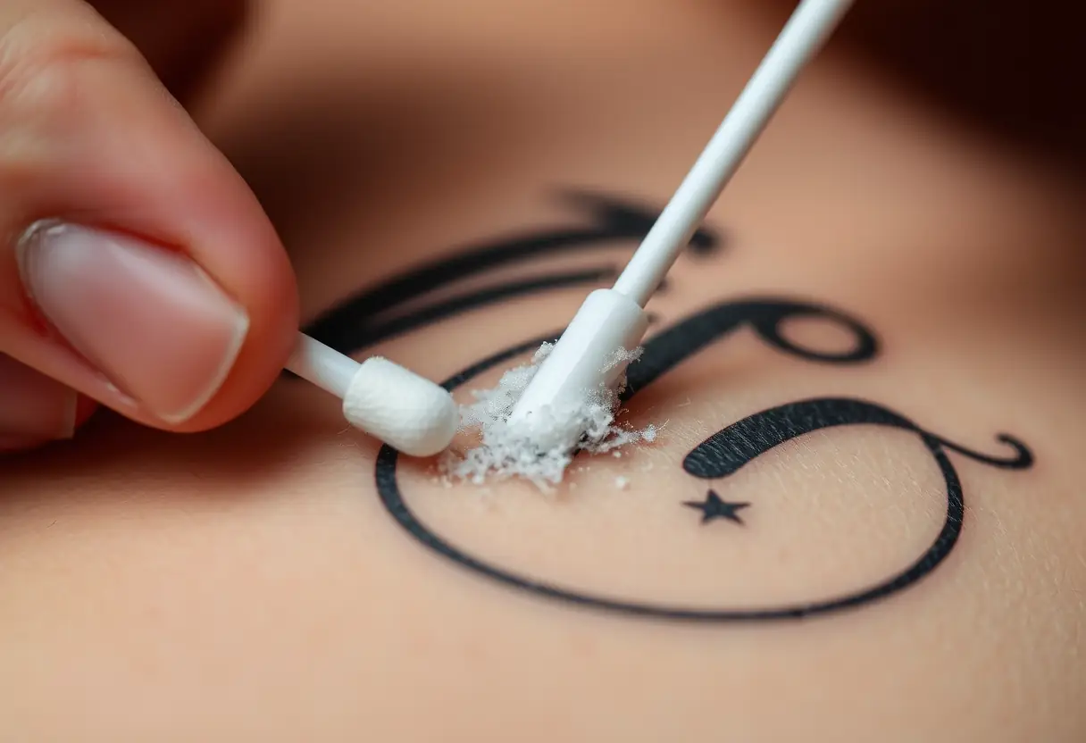 Un coton-tige appliqué sur une zone rasée révélant une peau propre pour les tatouages