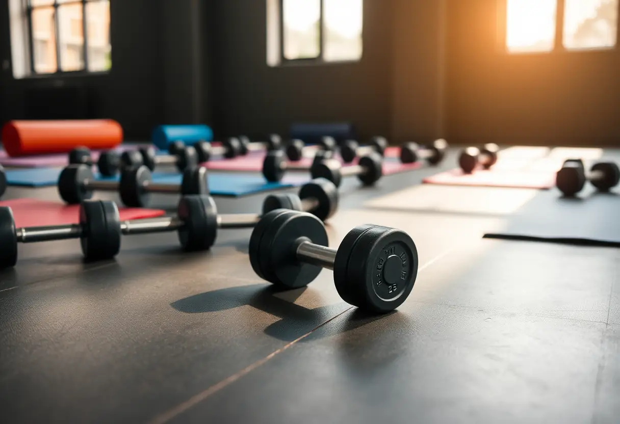 Des haltères posés sur le sol d’un gymnase, source d’exercices pour les muscles