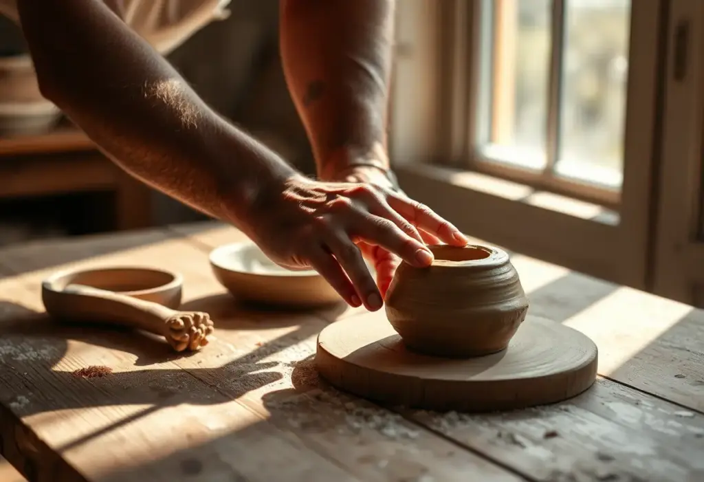 Une main modelant une substance argileuse sur une table en bois, éclairée par la lumière du soleil.