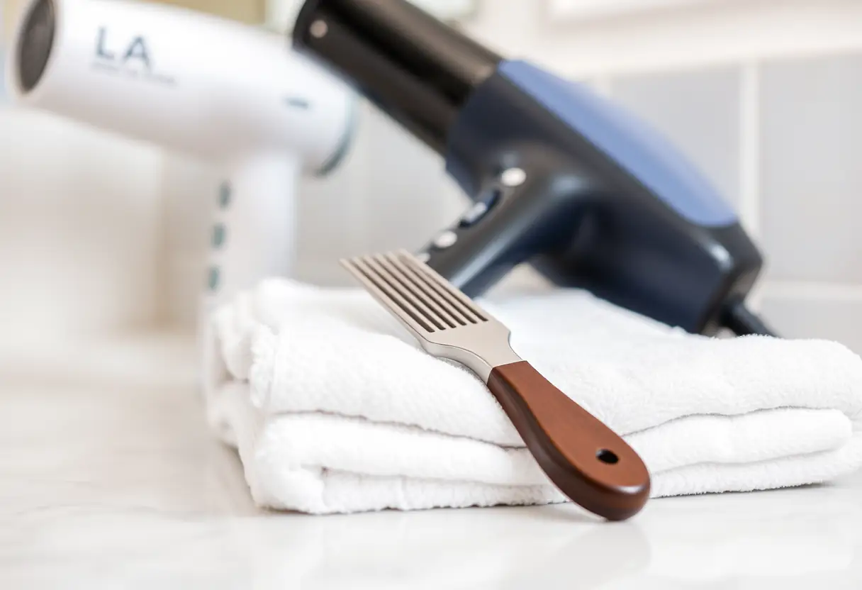 Un peigne reposant sur une serviette près d'un sèche-cheveux, sur un meuble de toilette.