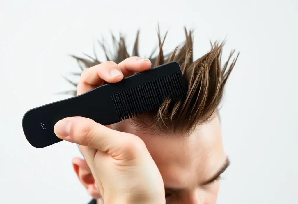 Main de personne tenant un peigne pour dompter une coiffure punk