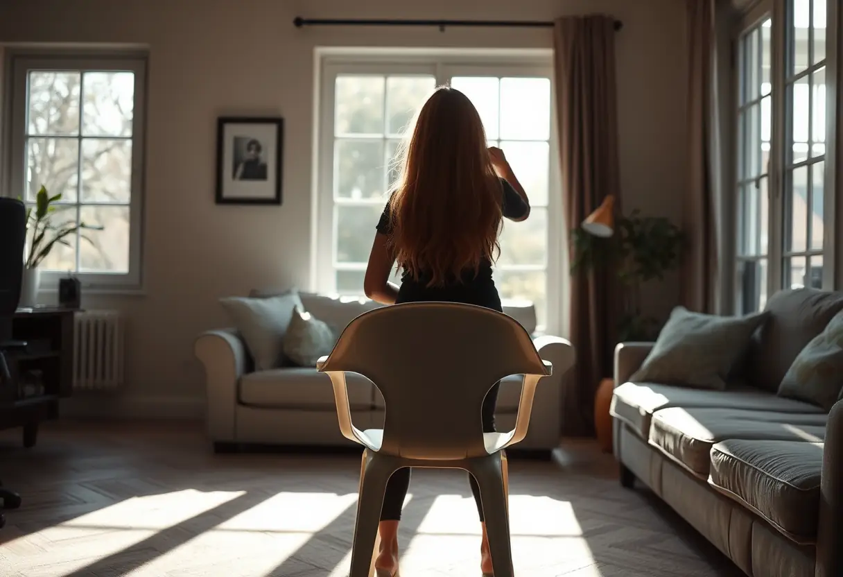 Silhouette depersonne devant une chaise blanche dans un salon baigné de lumière naturelle