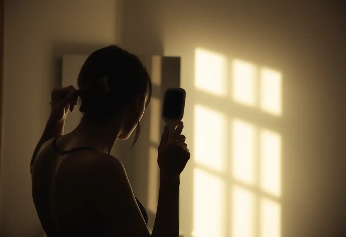 Silhouette de personne se tenant devant unmiroir et appliquant un conditionneur à appliquer directement aux cheveux