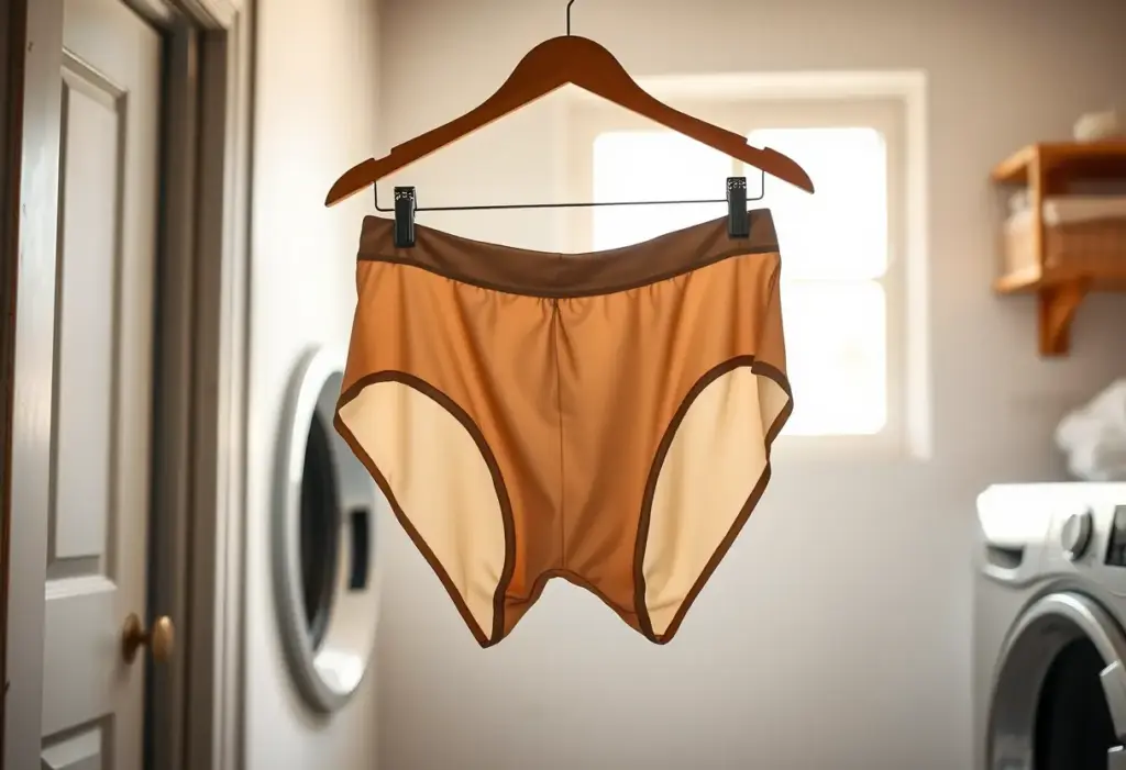 Des sous-vêtements en polyester accrochés dans une pièce de lavage bien éclairée