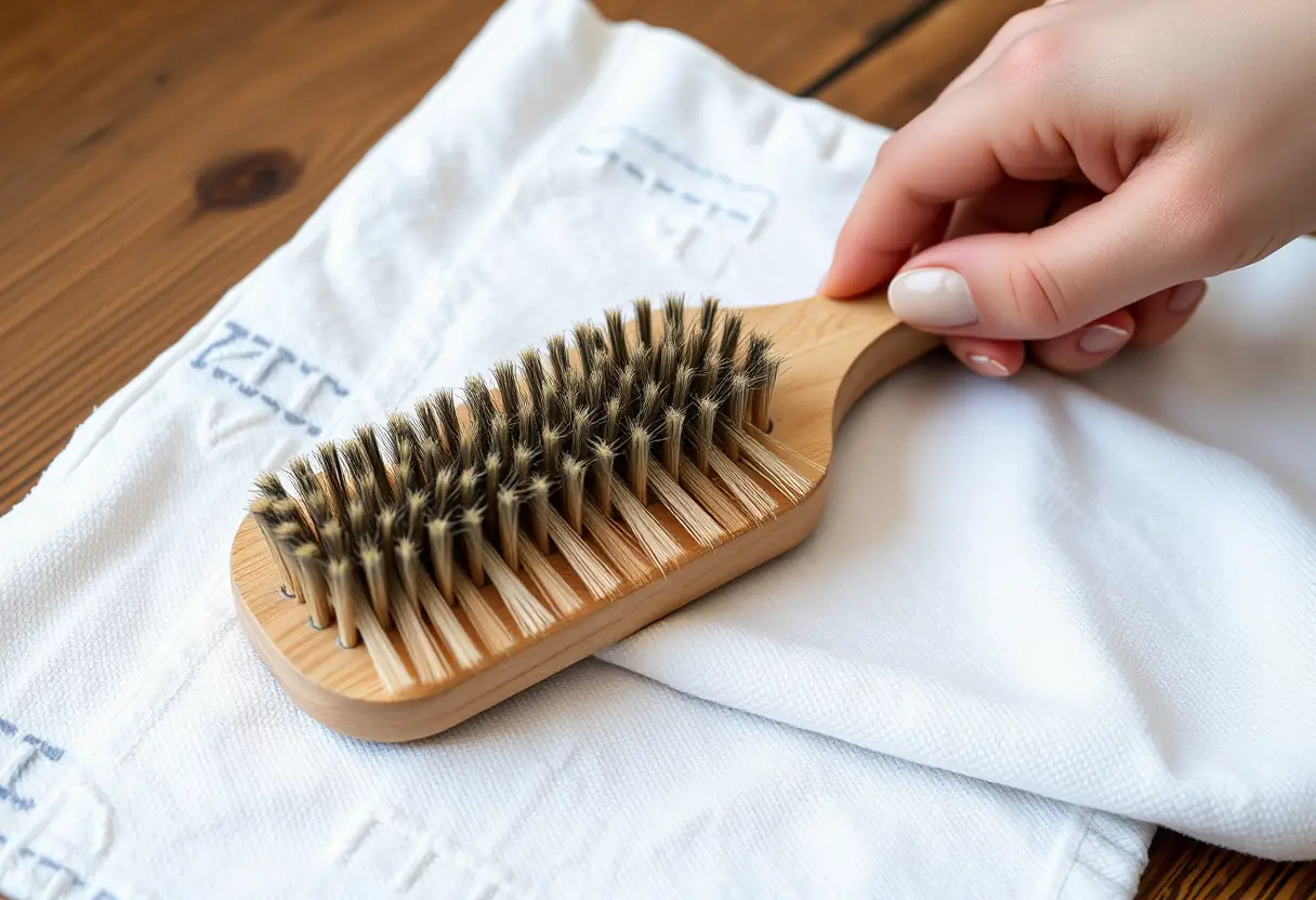 Un pinceau à douces poils posé sur une serviette sur une table en bois
