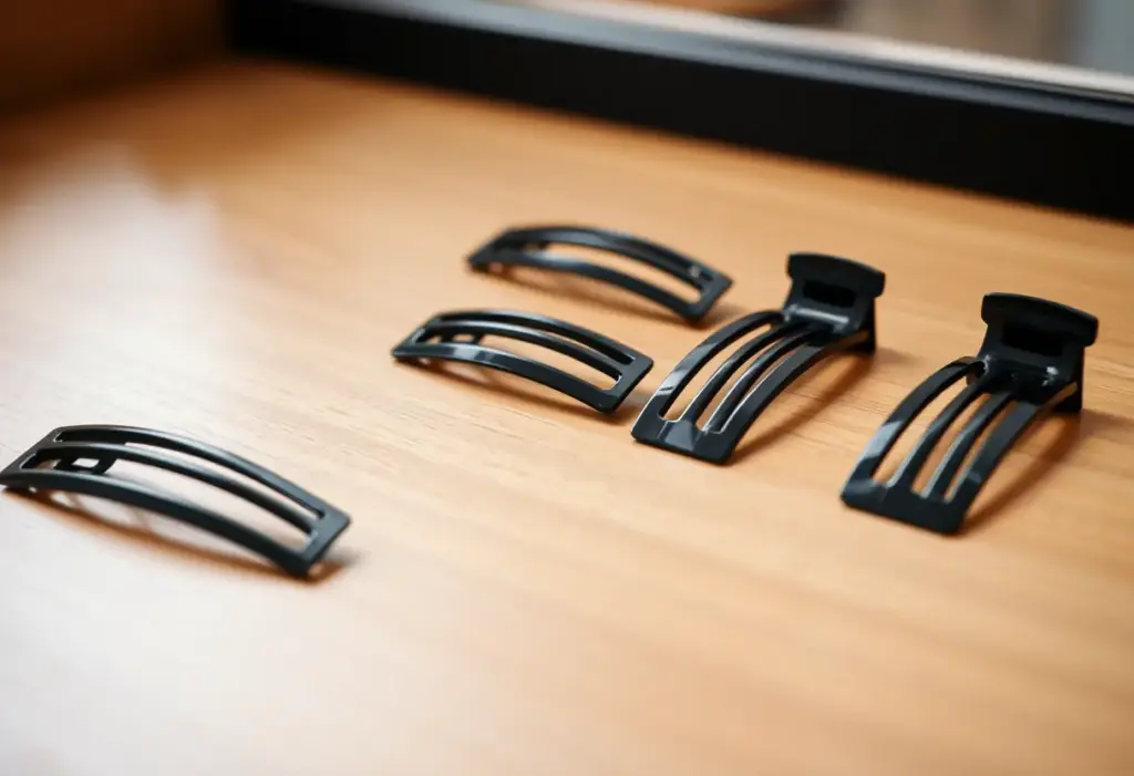 Des attaches à cheveux noires posées en ordre sur une commode en bois.