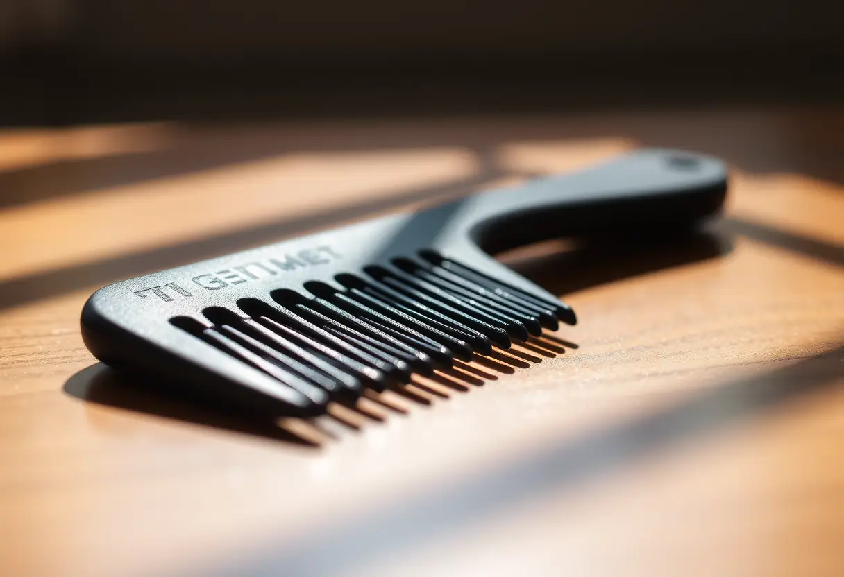 Un peigne en caoutchouc posé sur une table en bois, l'ombre jouant sur les dents du peigne