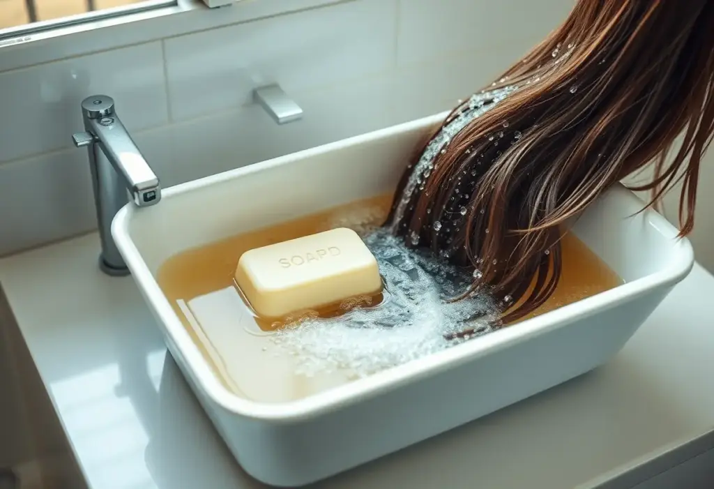Un seau rempli d'eau chaude et du savon sur un meuble de salle de bain, soulignant l'importance de la toilette quotidienne des cheveux
