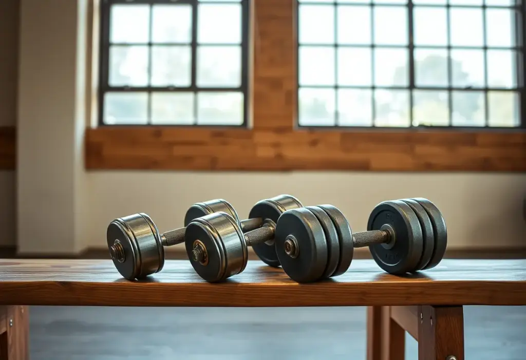Un ensemble de haltères sur un banc en bois dans une salle de sport bien éclairée