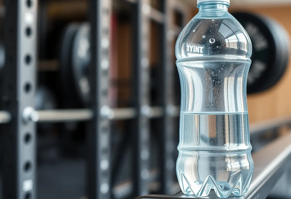 Une bouteille d'eau posée sur un étagère métallique dans un gymnase