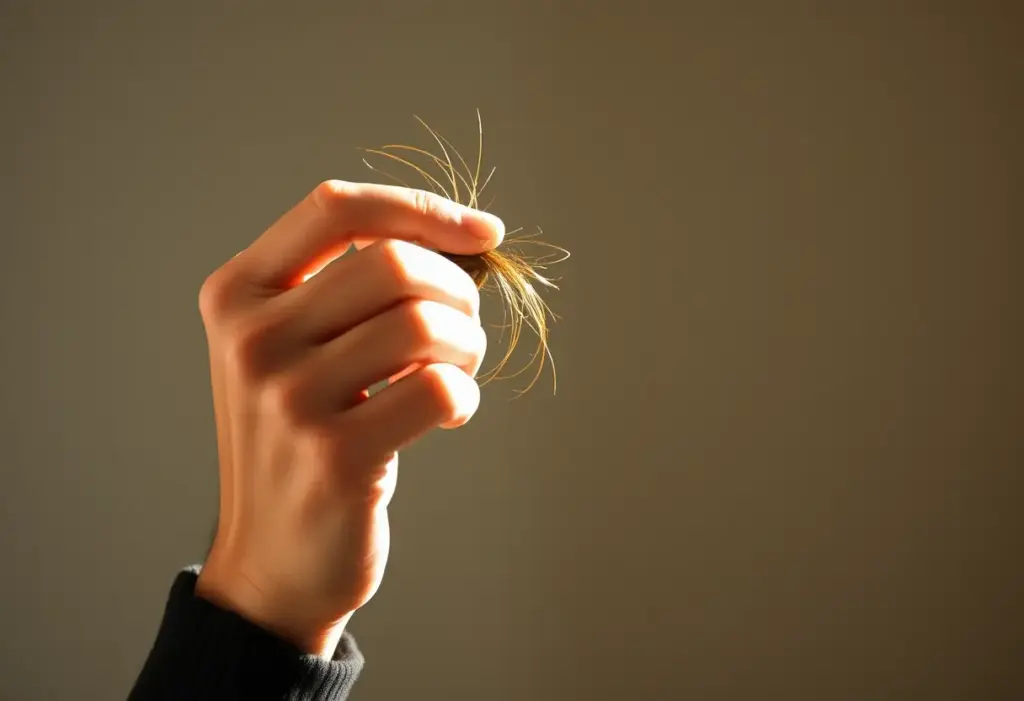 Une main forme délicatement une torsade dans les cheveux, pour un style affirmé