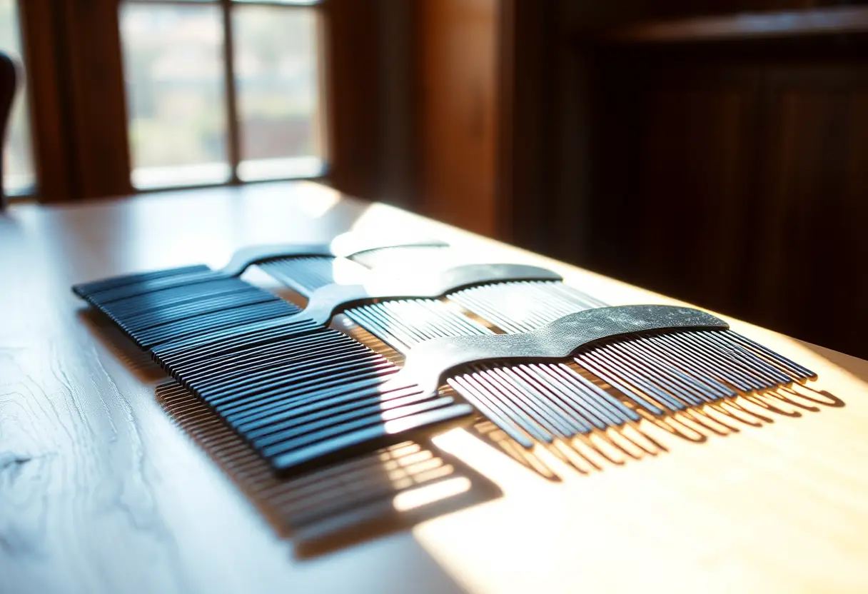 Un jeu de peignes bien rangés sur une table, éclairés par la lumière naturelle