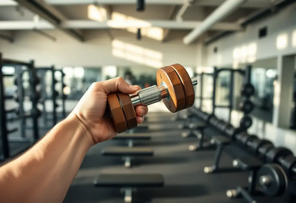 Main de quelqu'un tenant un poids en bois dans une salle de sport, idéal pour la musculation