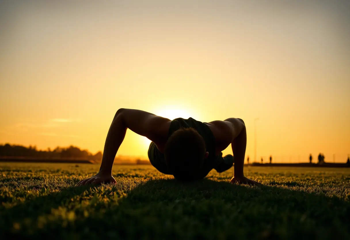 Silhouette d'une personne faisant des pompes sur un terrain herbeux au coucher du soleil, idéal pour l'entraînement physique