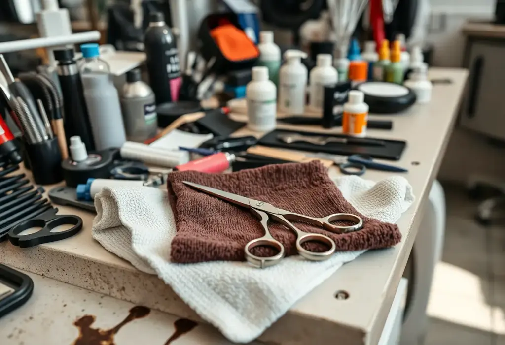 Des ciseaux posés sur un tablier dans une pièce bien éclairée, entourés d'outils de coiffure.