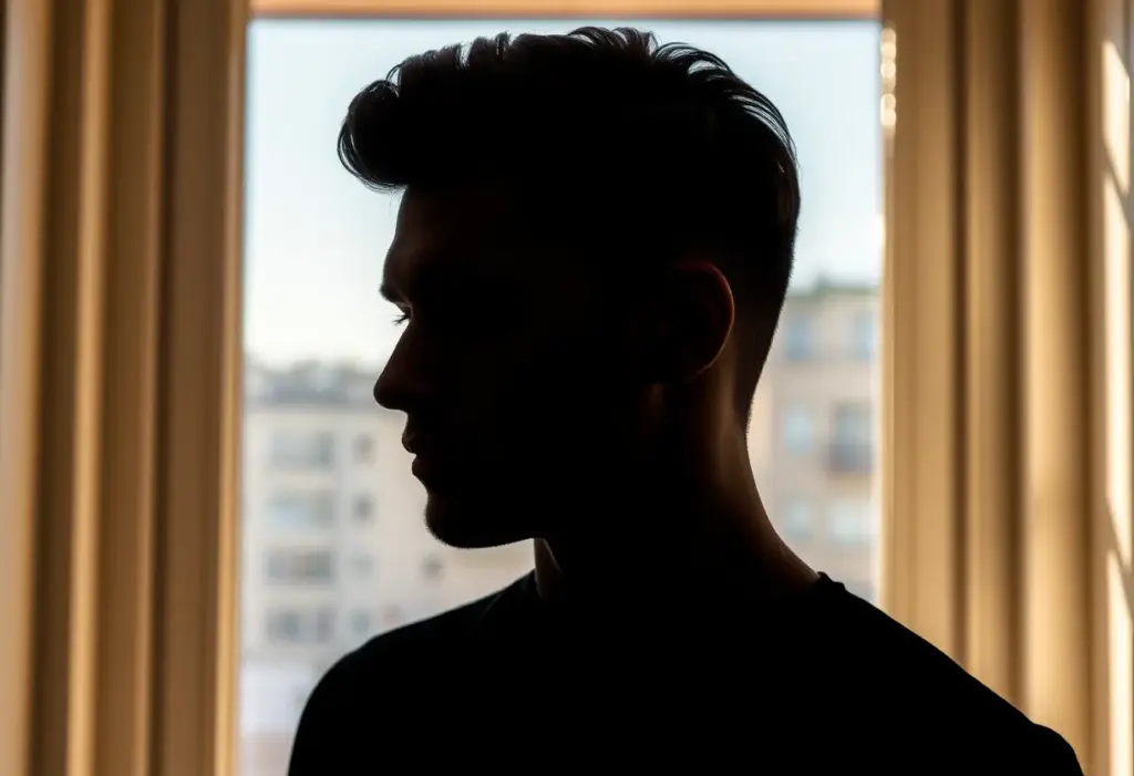 Un silhouette d'homme près d'une fenêtre, la lumière chaude soulignant sa coiffure avec gel