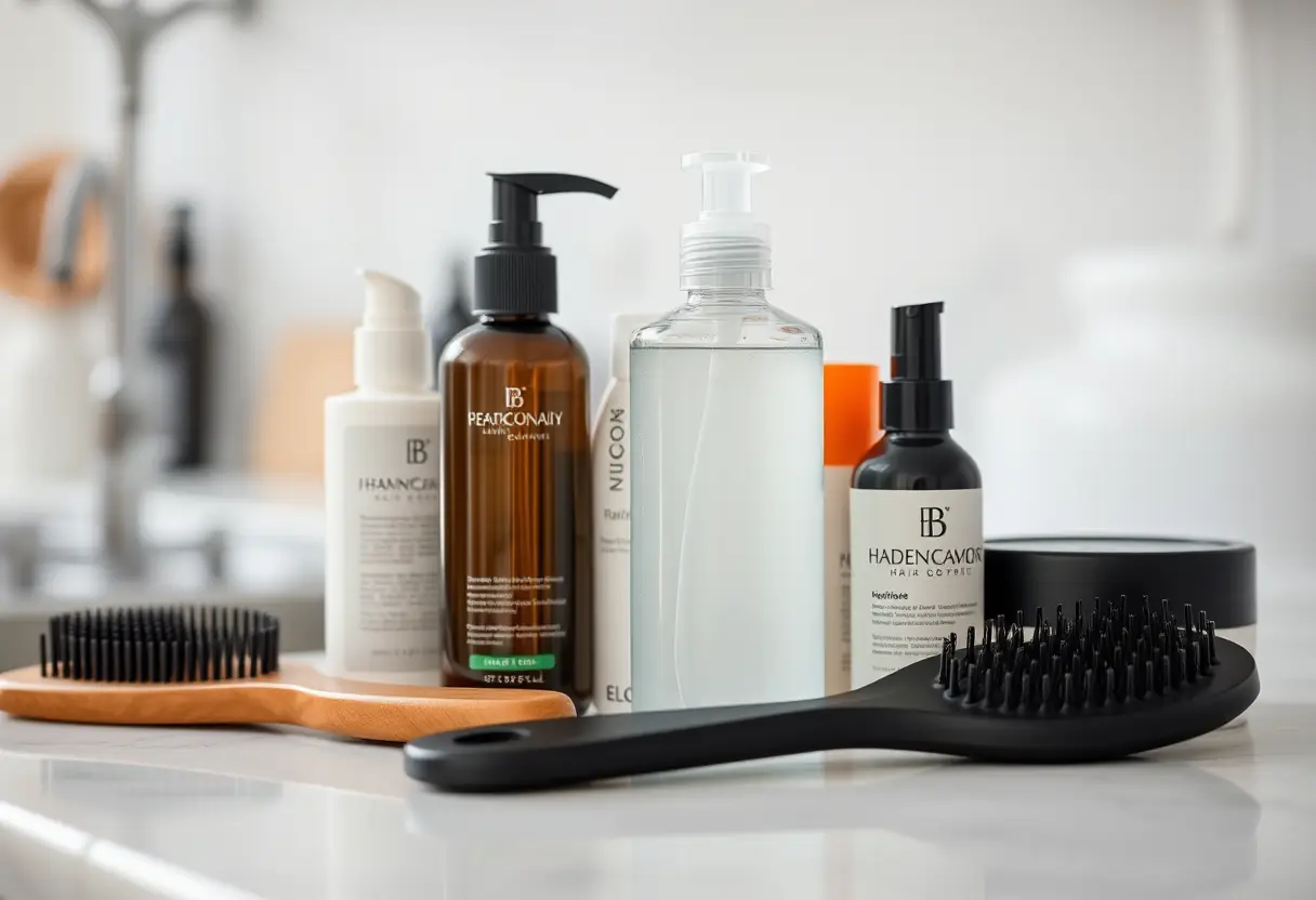 Un plan de travail de cuisine avec divers produits capillaires, dont une bouteille de gel pour cheveux