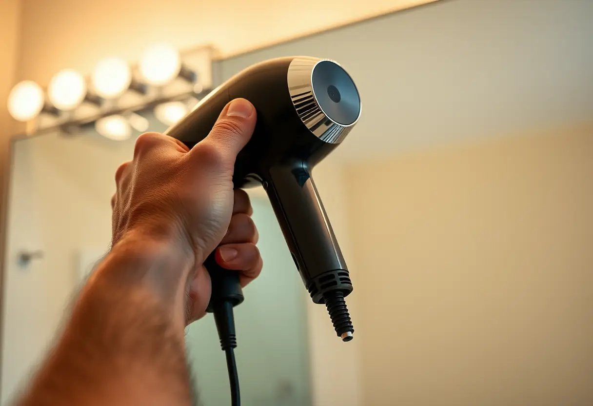 Une main tenant un sèche-cheveux dans une salle de bain, prêt à être utilisé pour la coiffure masculine.