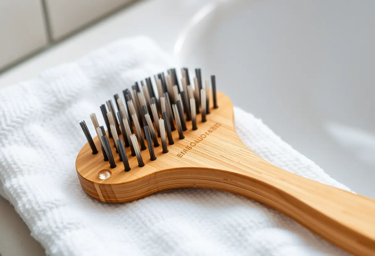Un peigne posé sur une serviette blanche près d'un lavabo, gouttes d'eau sur les poils indiquent une utilisation récente, soins capillaires hommes