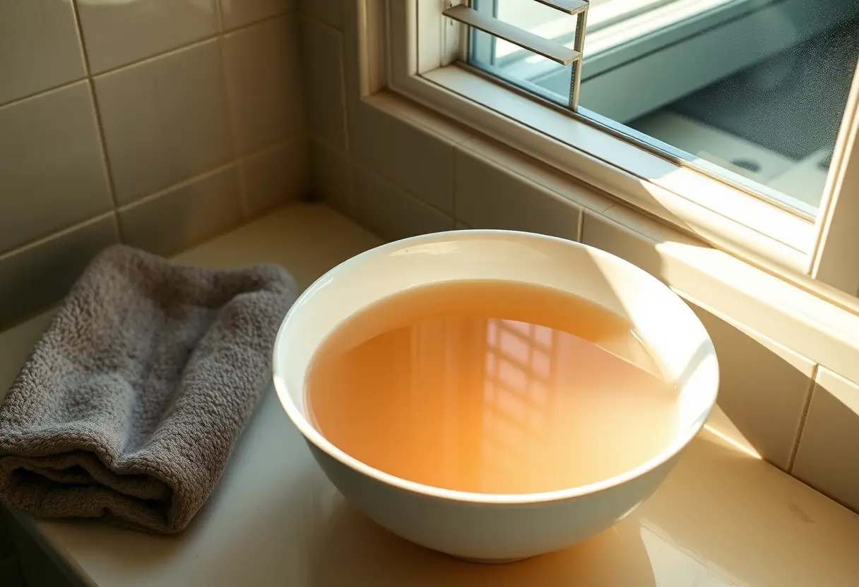 Un bol rempli d'eau chaude sur une étagère de salle de bain, près d'une serviette