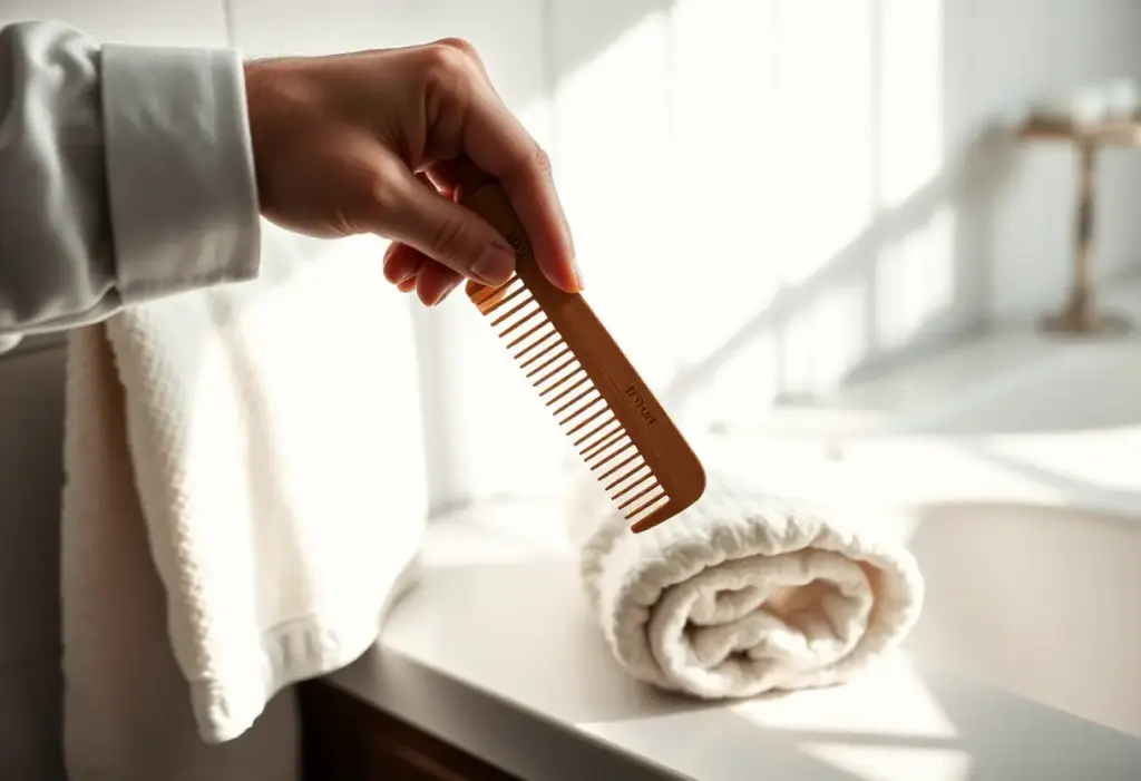 Une main tenant un peigne en bois sur une table de toilette