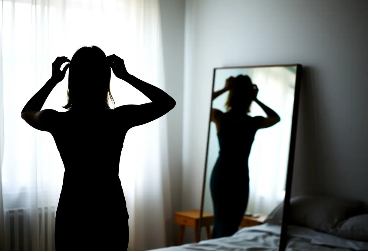Un silhouetté ajustant sa coiffure devant un miroir