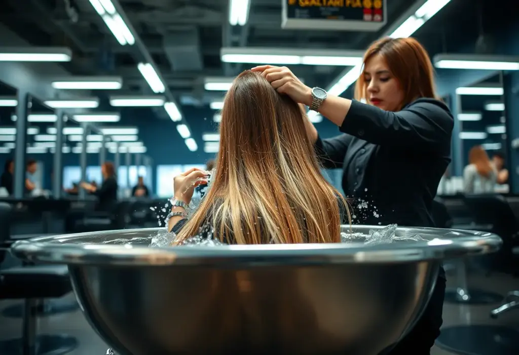 Un lavabo métallique rempli d'eau dans un salon animé où un coiffeur professionnel nettoie des cheveux longs.