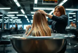 Un lavabo métallique rempli d'eau dans un salon animé où un coiffeur professionnel nettoie des cheveux longs.