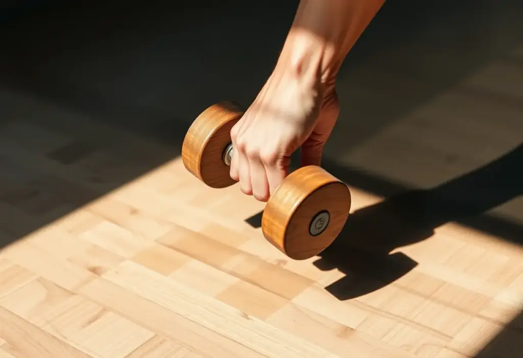Main de quelqu'un tenant une barre d’haltère en bois dans un gymnase