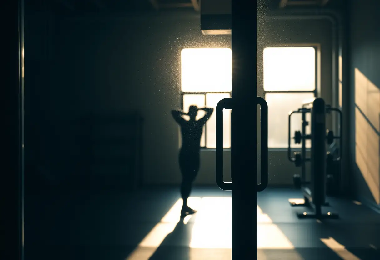 Silhouette d'une personne s'étirant à travers une porte vitrée dans un gymnase sombre