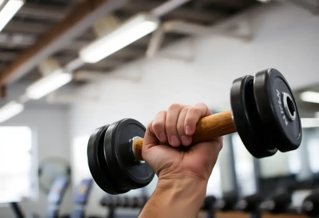Une main tenant un haltère en bois dans un gymnase, photographie éditoriale