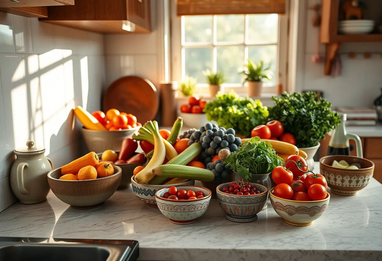 Un plan de travail de cuisine avec des bols remplis de légumes et de fruits colorés, lumière du matin