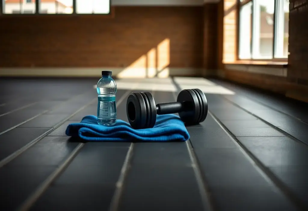 Un tapis de sol en caoutchouc dans un gymnase avec une barre de haltère et une bouteille d'eau