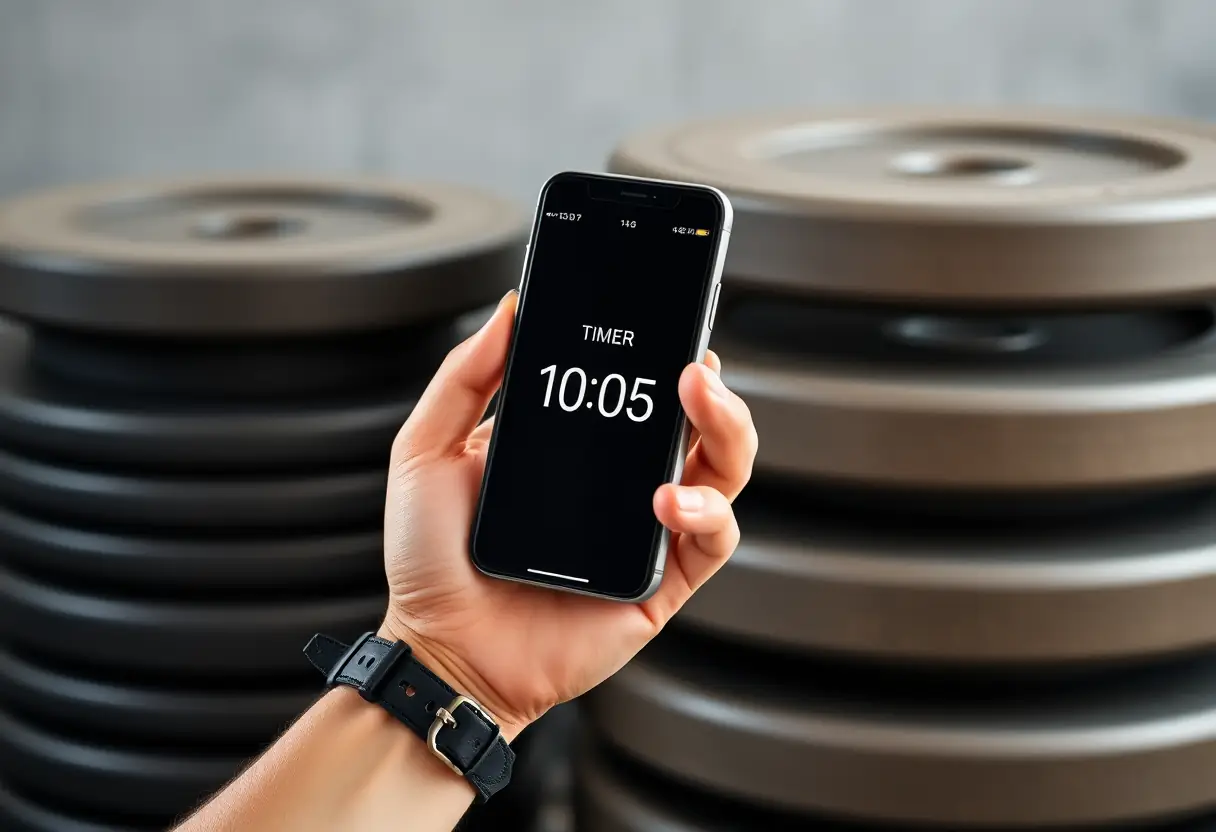 Une main tenant un téléphone portable avec un chronomètre pendant l'entraînement