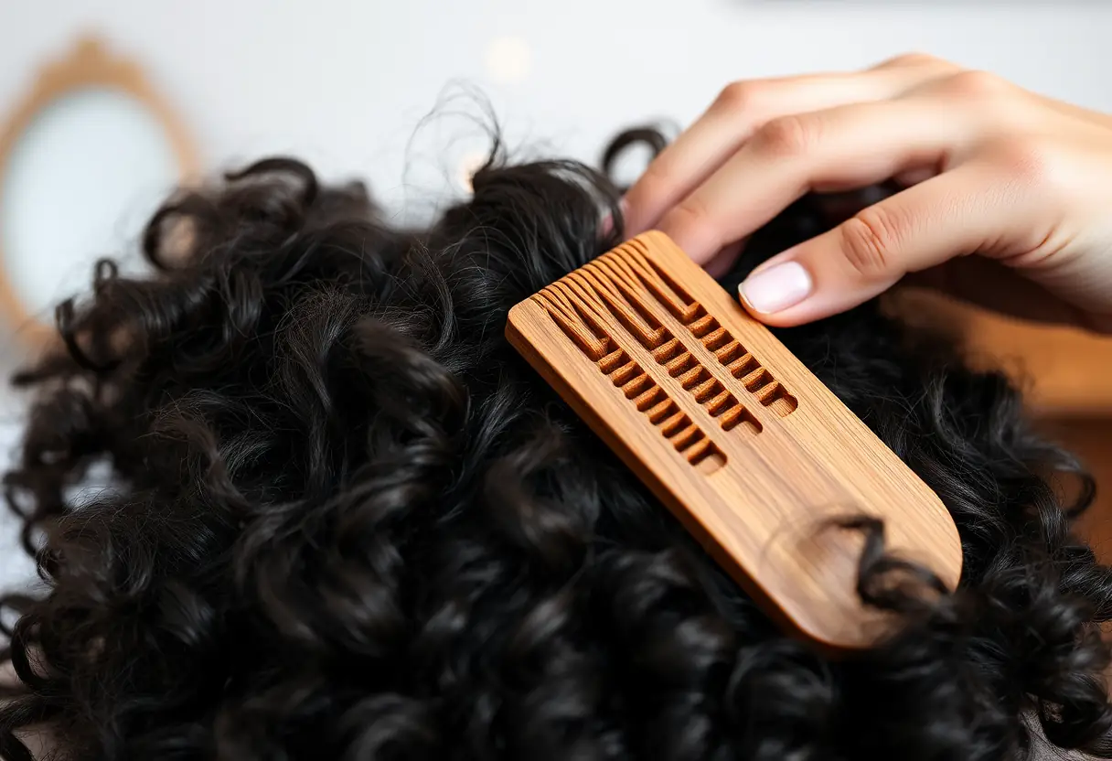 Un peigne en bois dénoue délicatement les cheveux frisés, dans une chambre, illustrant les techniques de soin mentionnées.