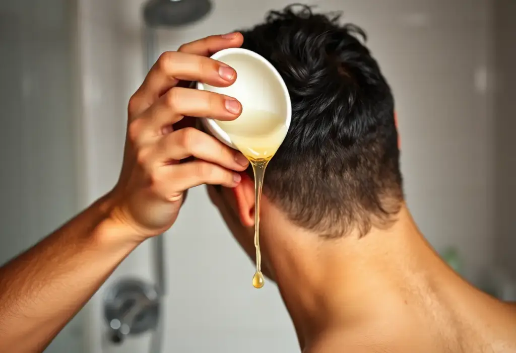 Une main verse de l'huile de coco sur les cheveux afro, routine capillaire